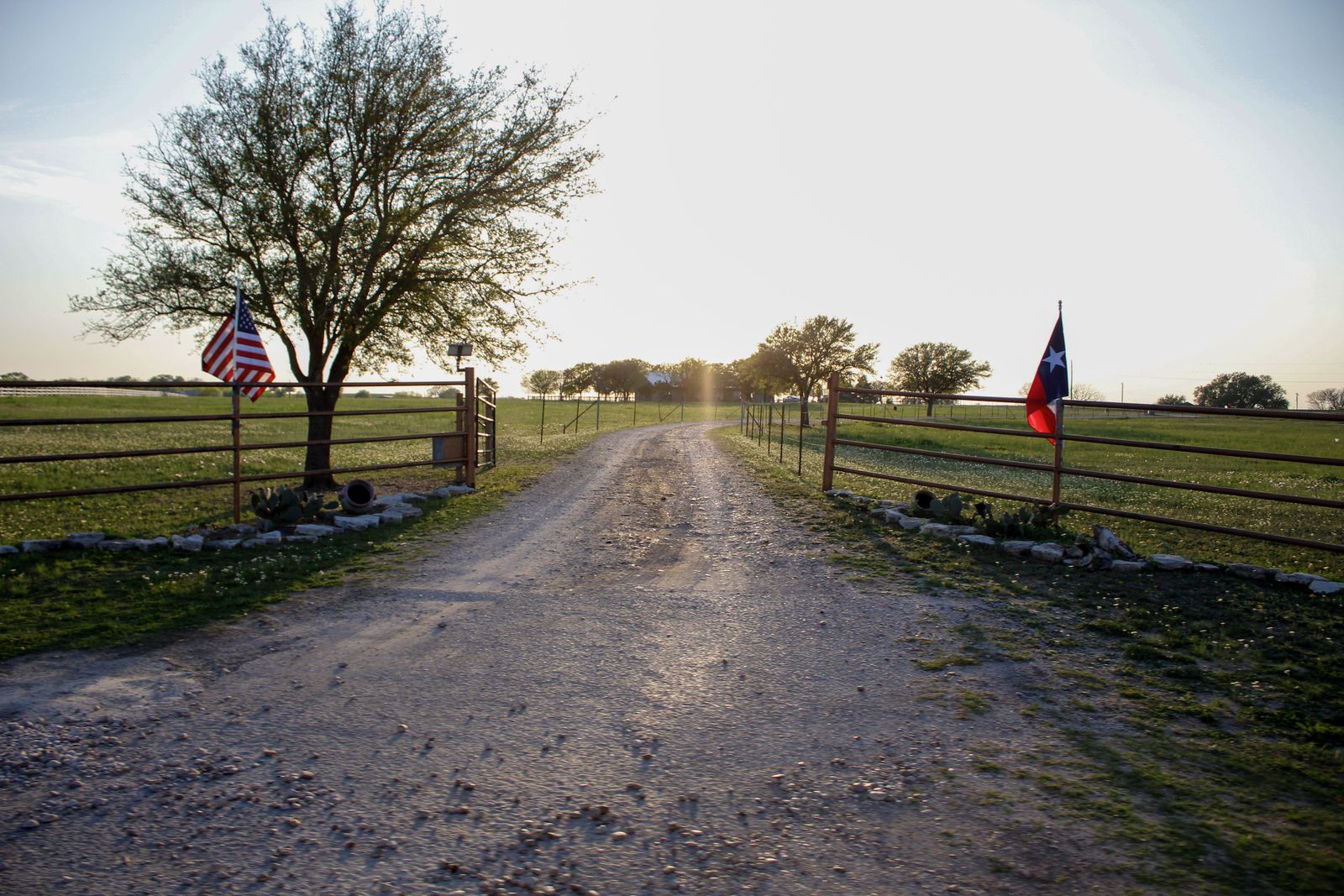A gravel ranch road running toward a Texas sunset, with the American and Texas flags flying from the gates on either side.